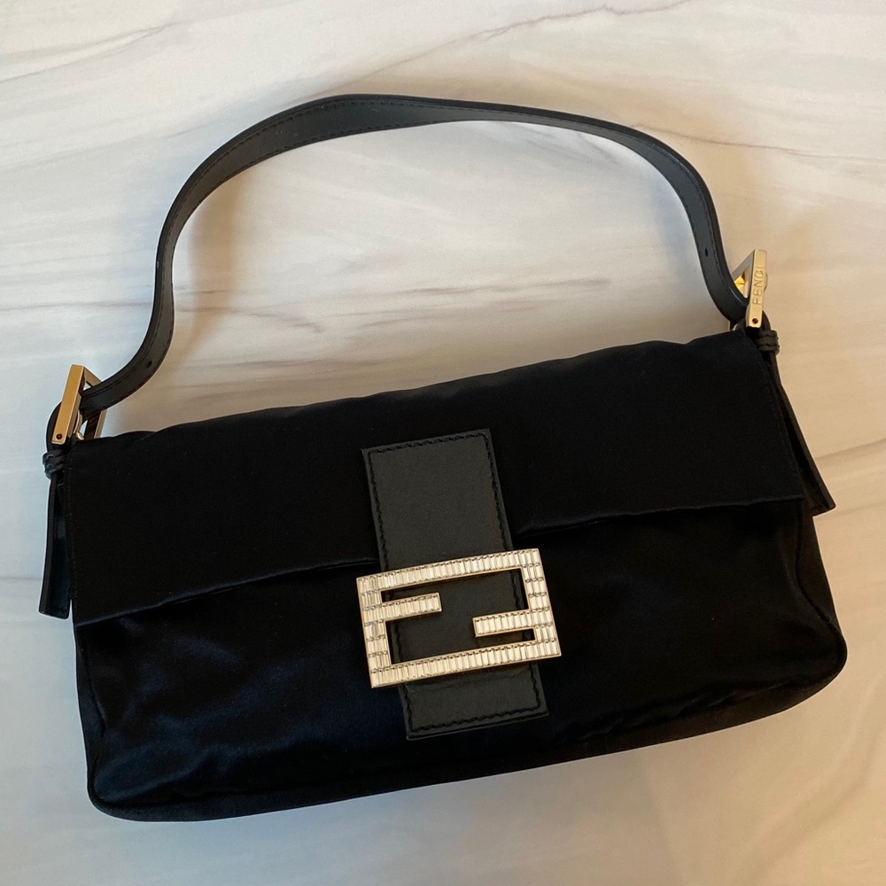 Fendi Satin Crystal Baguette Shoulder Bag Black